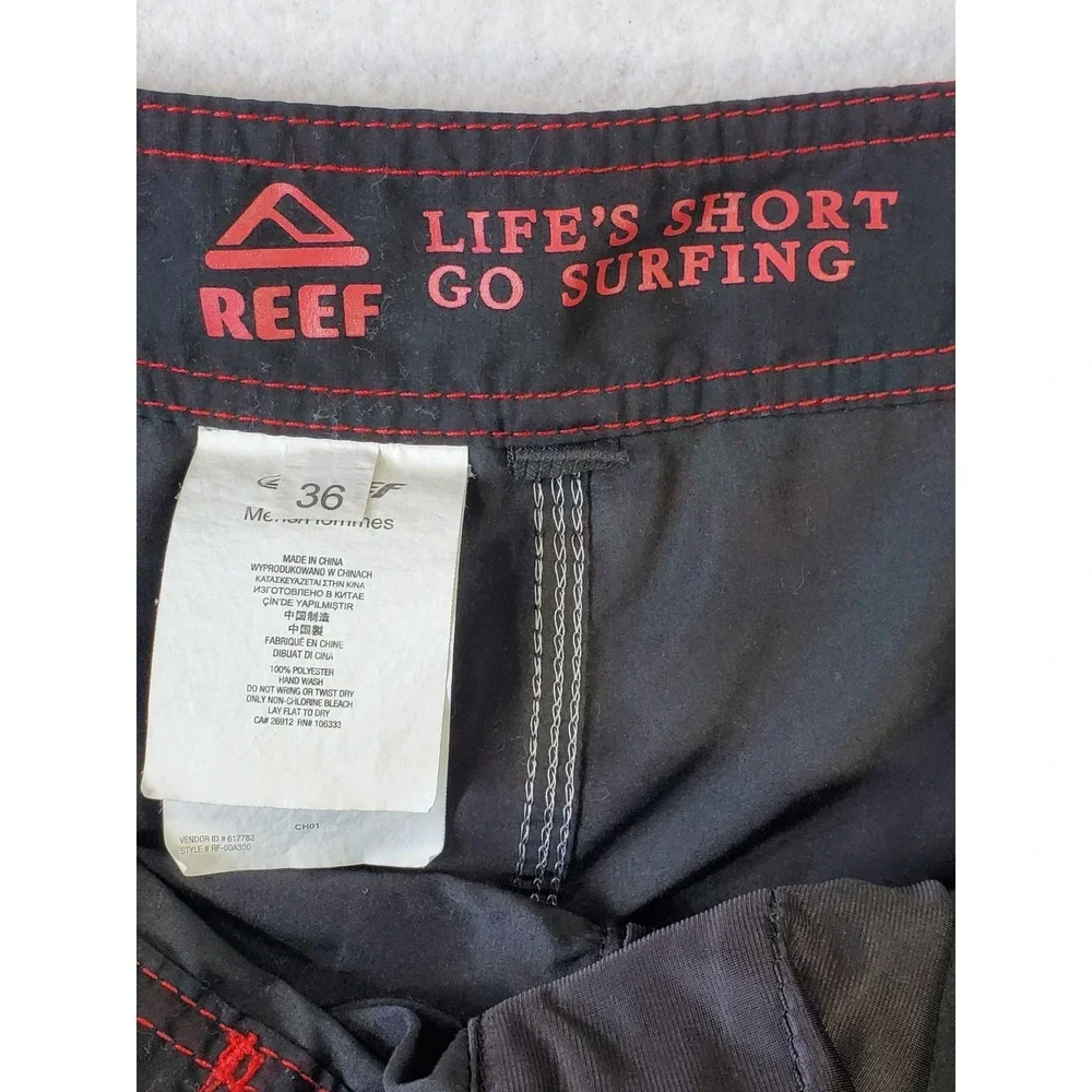 Reef‎ Life's Short Go Surfing Black Cargo Swim Trunks Men's 36 Board Shorts